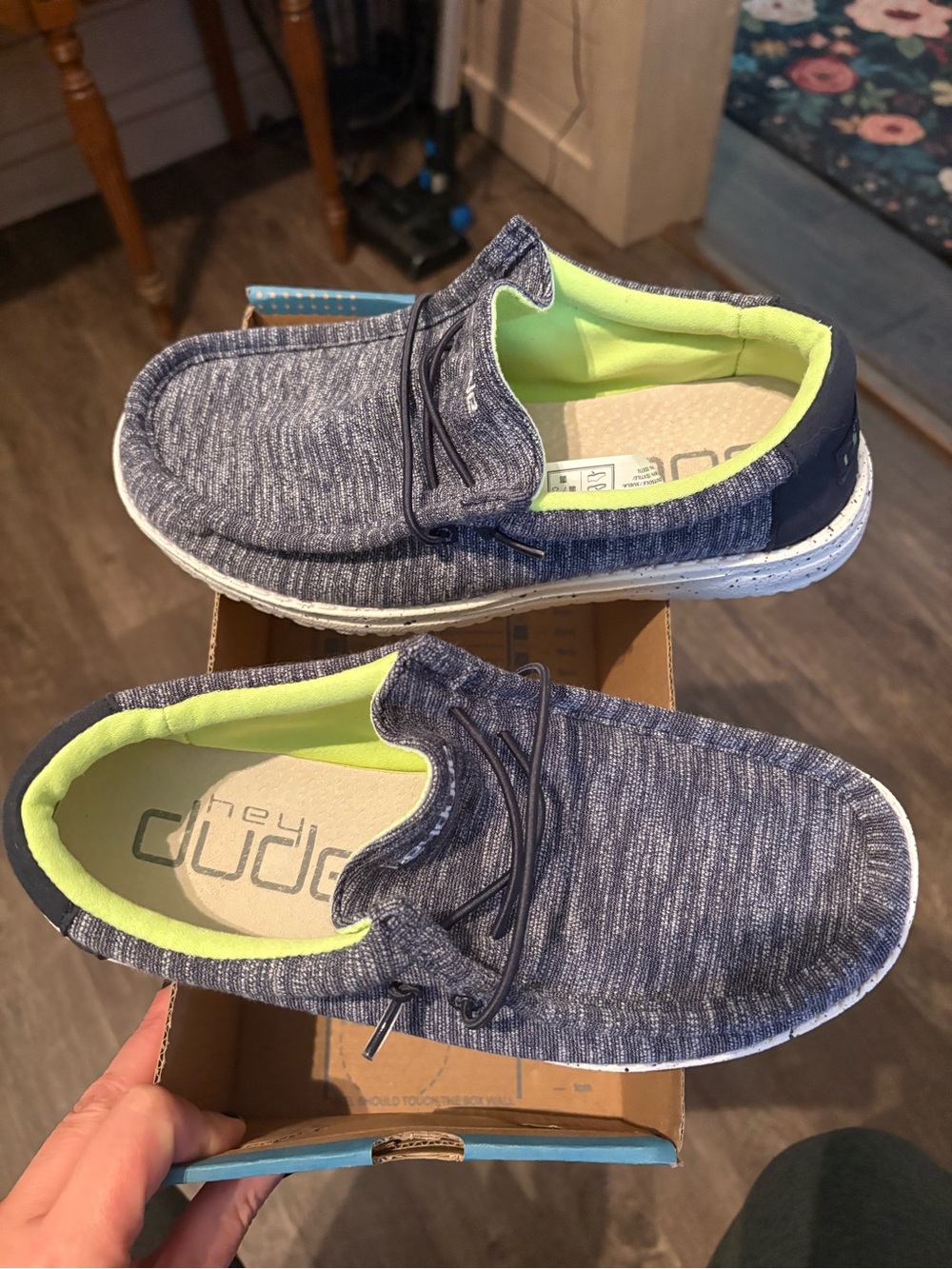 Hey Dude Kids Navy Knit Slip-On Sneakers with Lime Interior